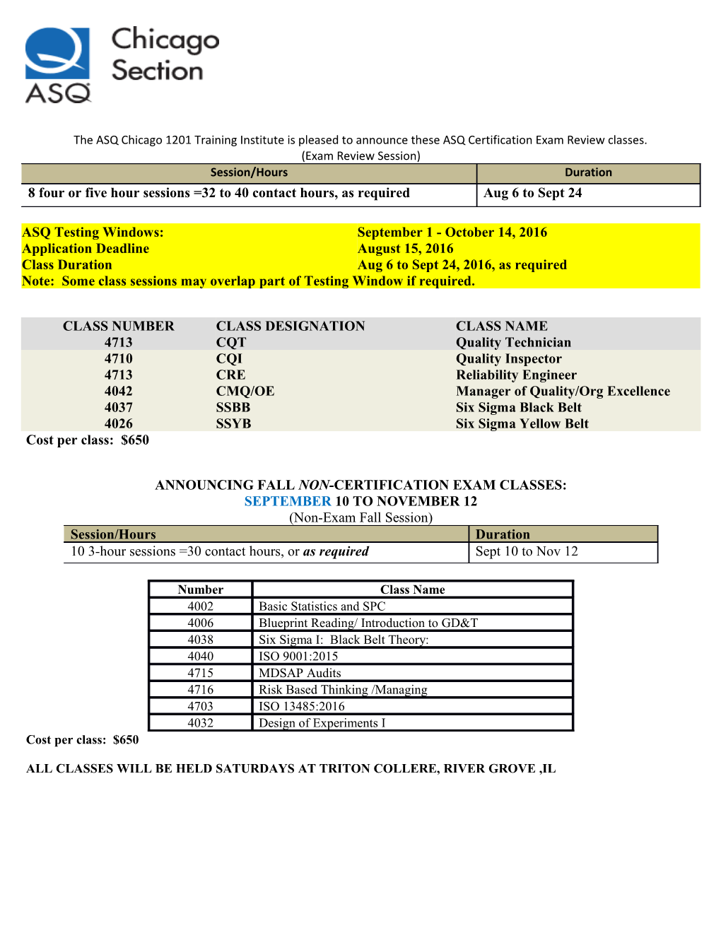 Announcing Fall Non-Certification Exam Classes