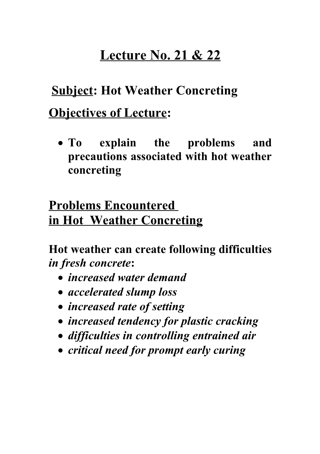 Subject: Hot Weather Concreting