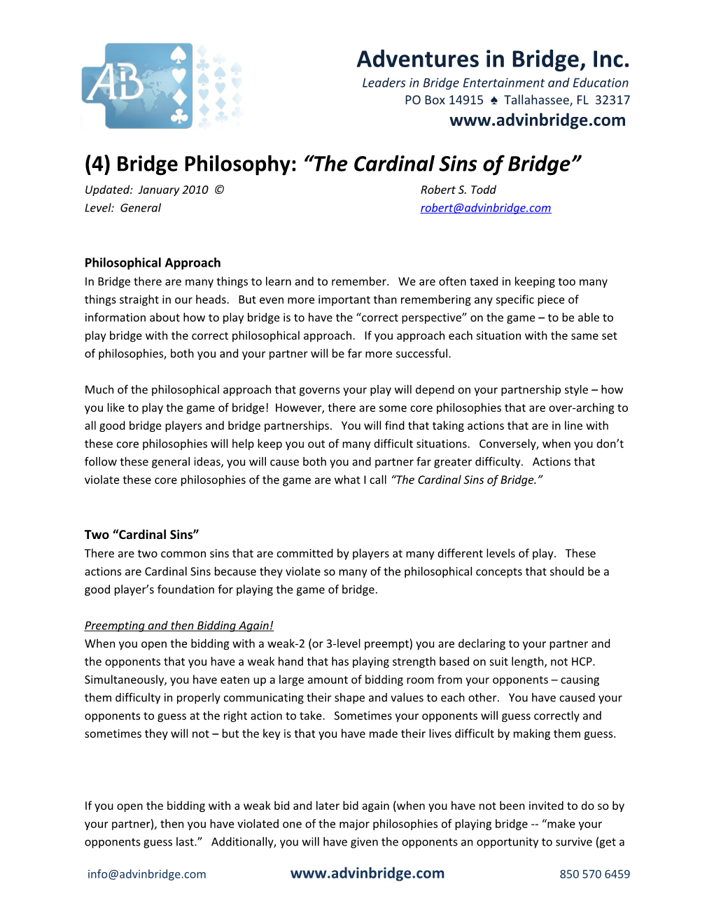(4) Bridge Philosophy: the Cardinal Sins of Bridge