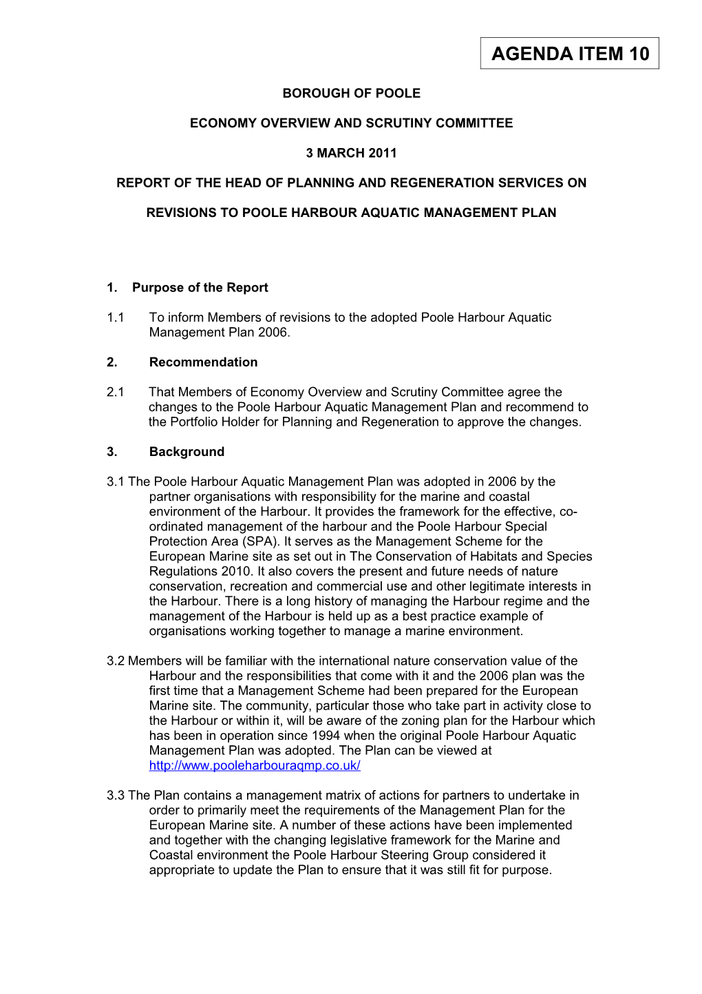 Revisions to Poole Harbour Aquatic Management Plan