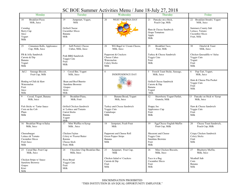 SC BOE Summer Activities Menu / June 18-July 27, 2018