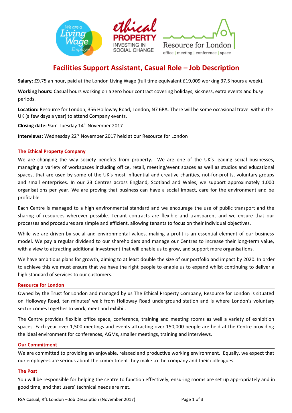 Facilities Support Assistant, Casual Role Job Description