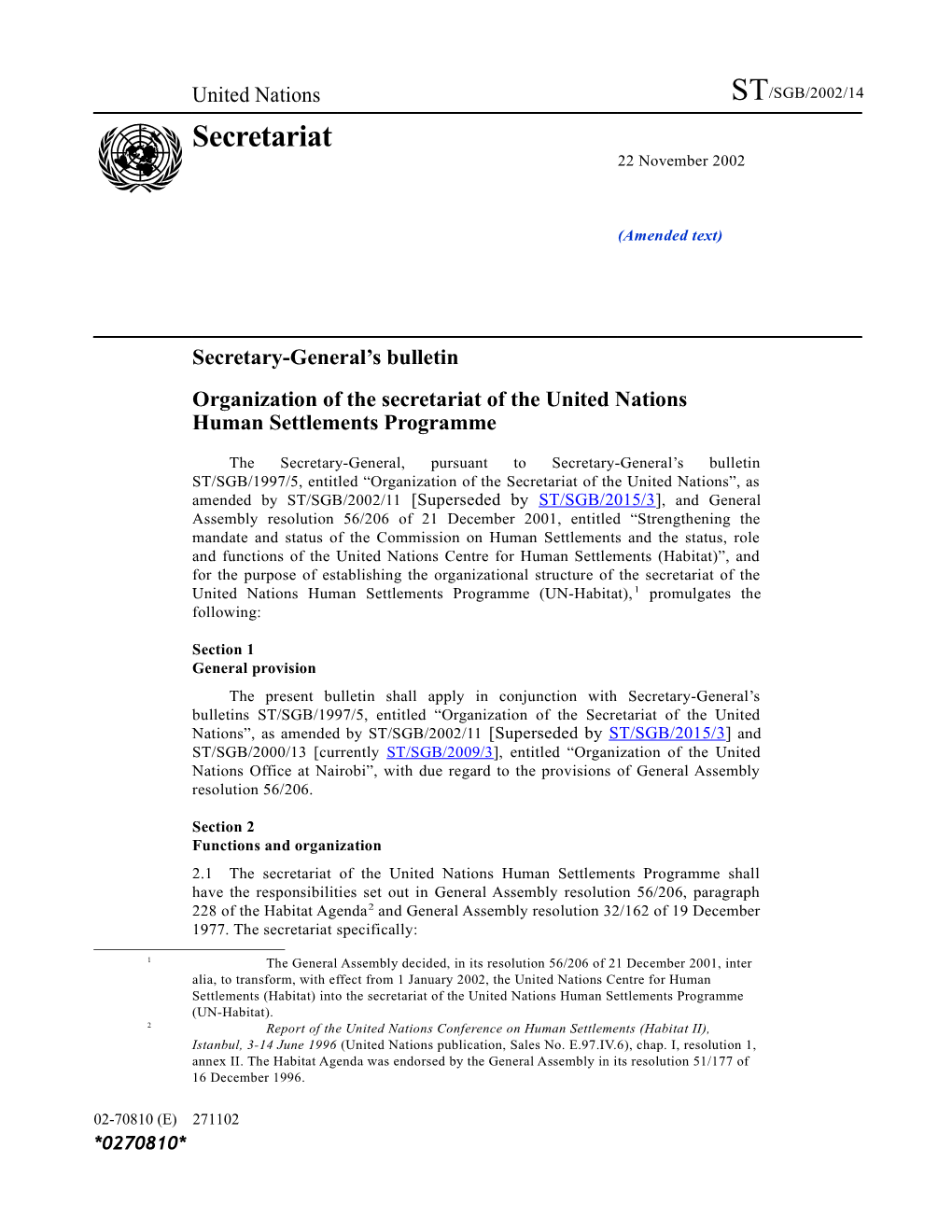 Organization of the Secretariat of the United Nations Human Settlements Programme