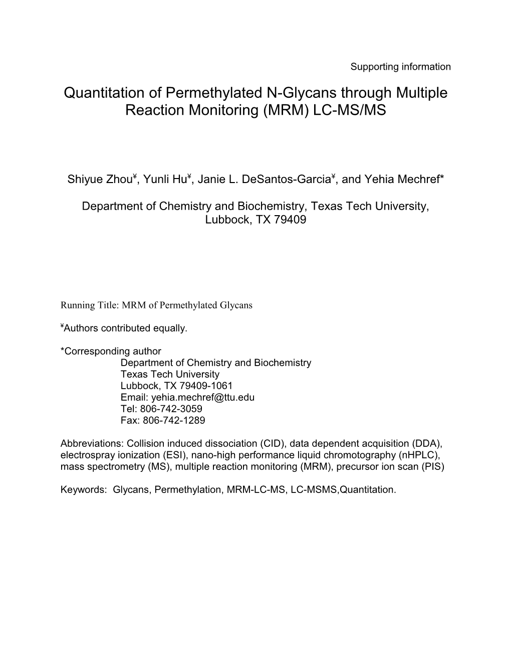 Quantitation of Permethylated N-Glycans Through Multiple Reaction Monitoring (MRM) LC-MS/MS