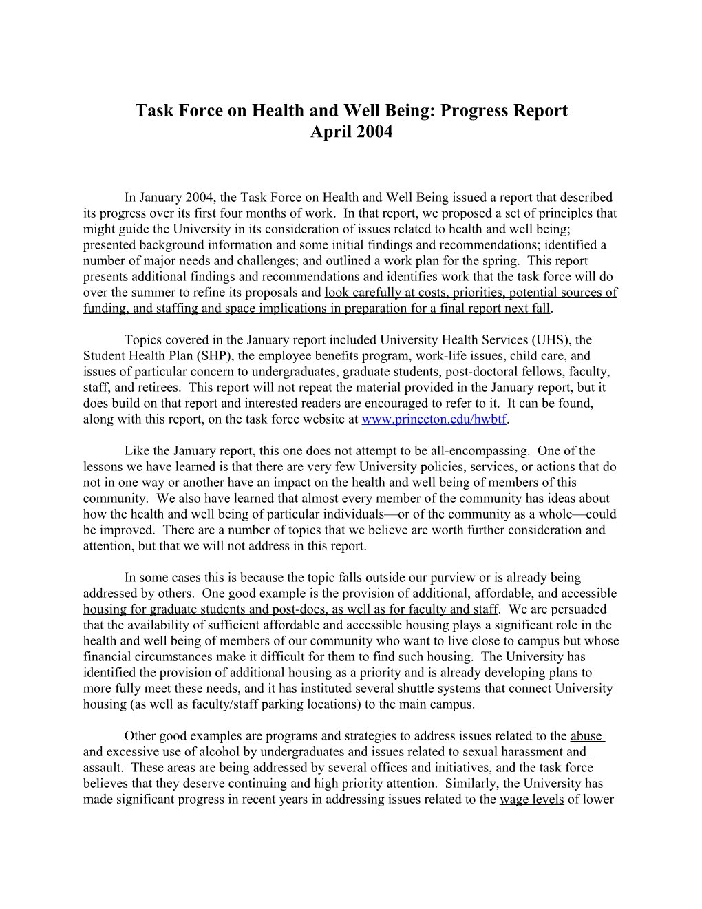Task Force on Health and Well Being: Progress Report