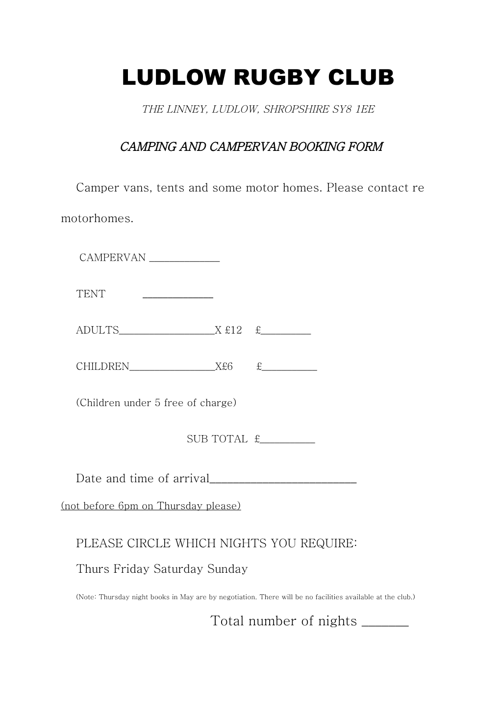 Camping and Campervan Booking Form
