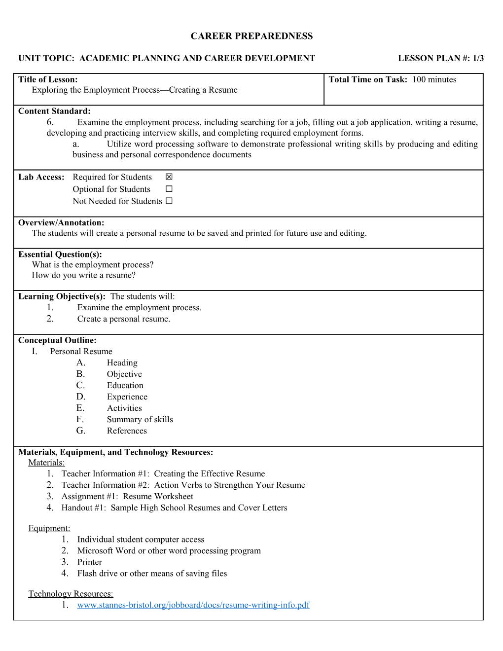 Unit Topic: Academic Planning and Career Developmentlesson Plan #:1/3