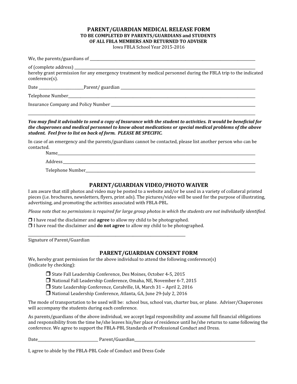 Parent/Guardian Medical Release Form