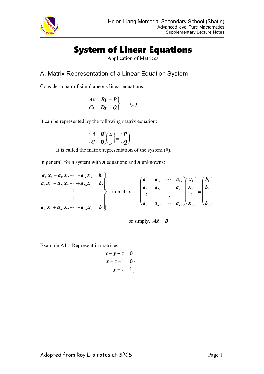 System of Linear Eqns