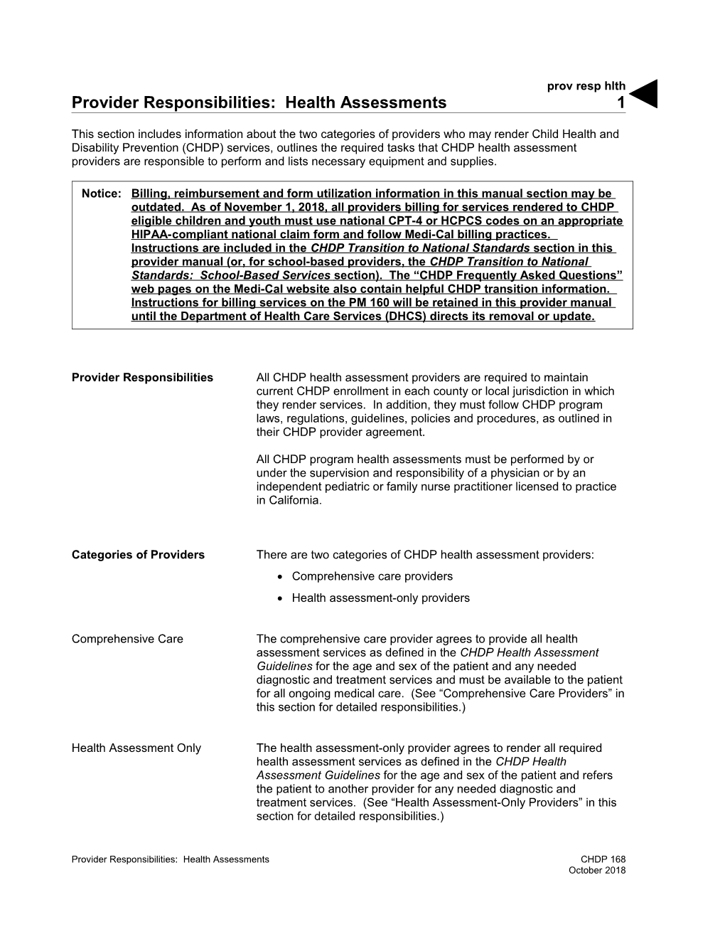 Provider Responsibilities: Health Assessments (Prov Resp Hlth)