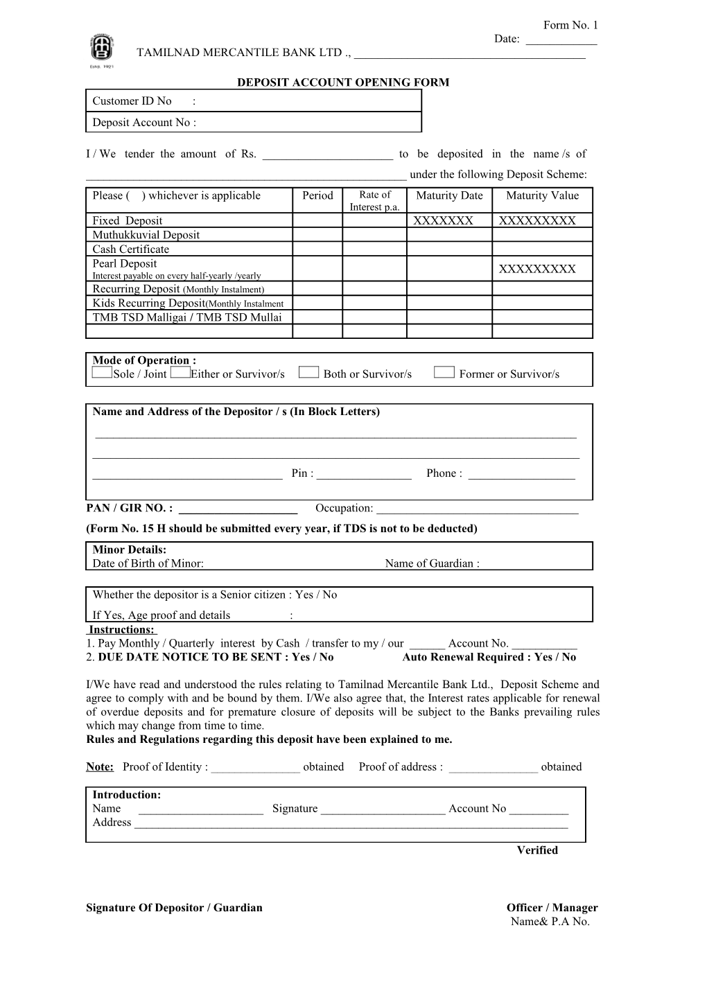 Deposit Account Opening Form