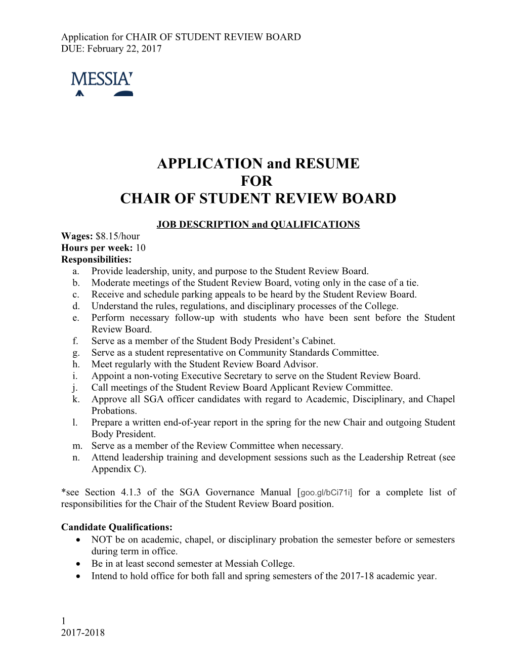 Application for CHAIR of STUDENT REVIEW BOARD