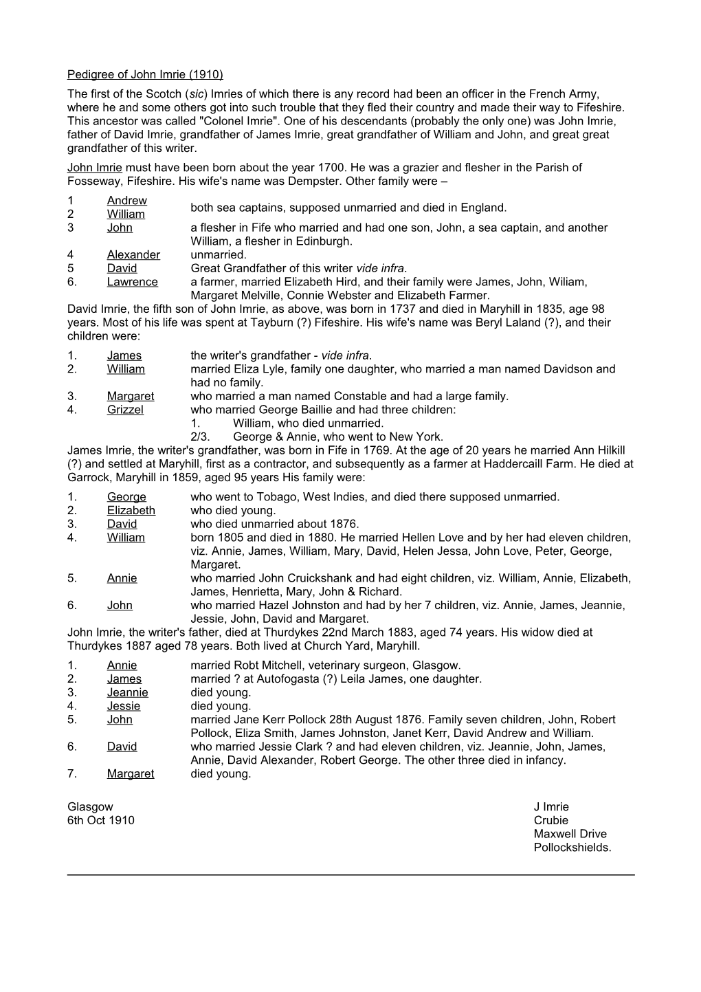 Pedigree of John Imrie (1910)