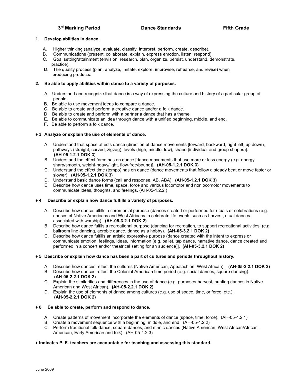 First Marking Period Dance Standards Fifth Grade