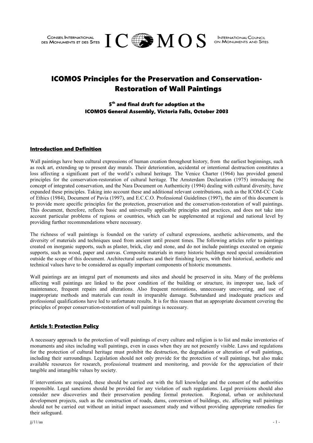 ICOMOS Principles for the Preservation and Conservation-Restoration of Wall Paintings