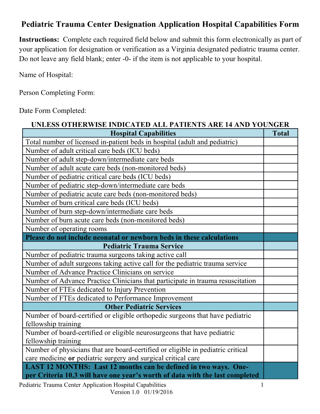 Pediatric Trauma Center Designation Application Hospital Capabilities Form