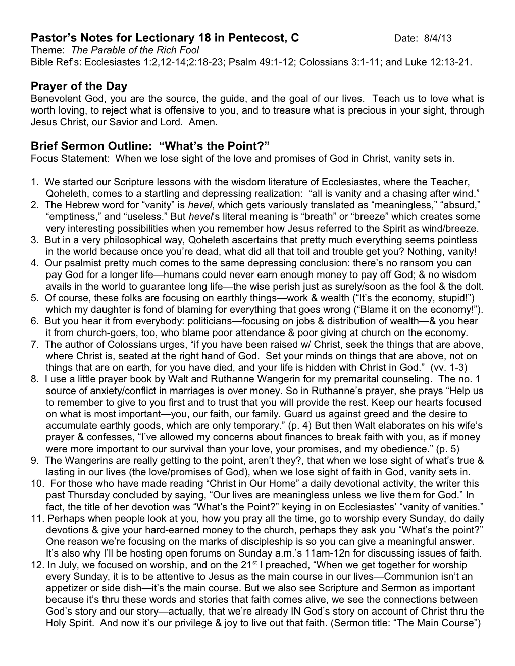 Pastor S Notes for Lectionary 18 in Pentecost, C Date: 8/4/13