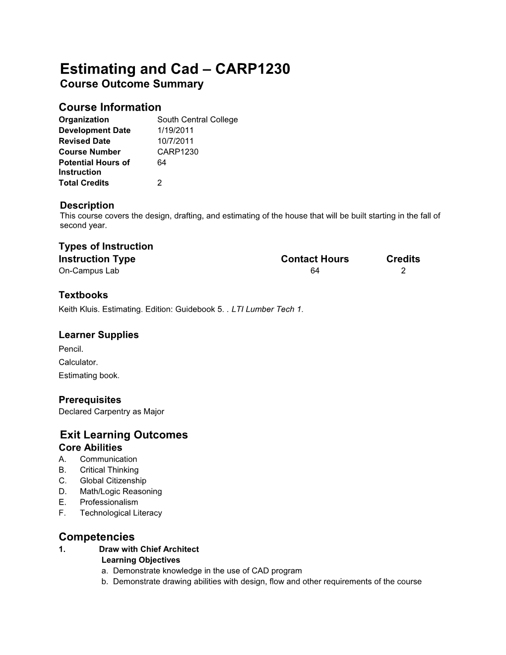 Estimating and Cad CARP1230 Course Outcome Summary