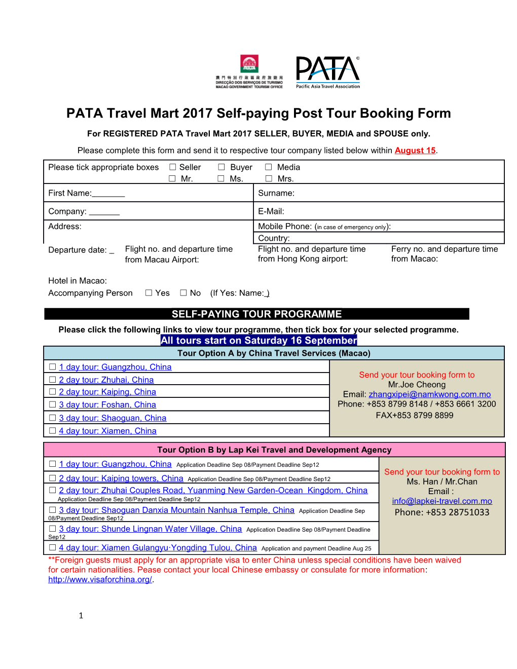 PATA Travel Mart 2017Self-Paying Post Tour Booking Form