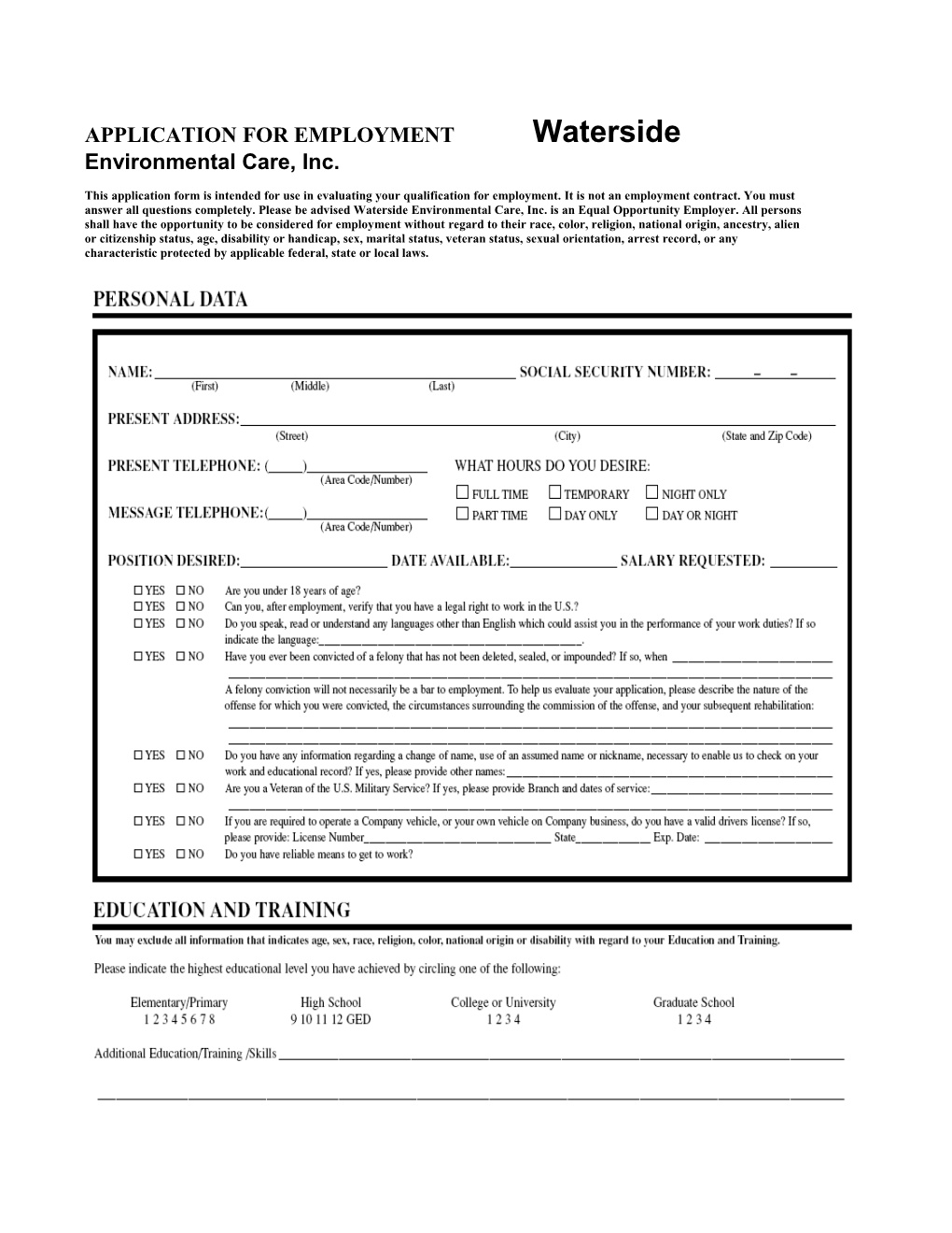APPLICATION for Employmentwaterside