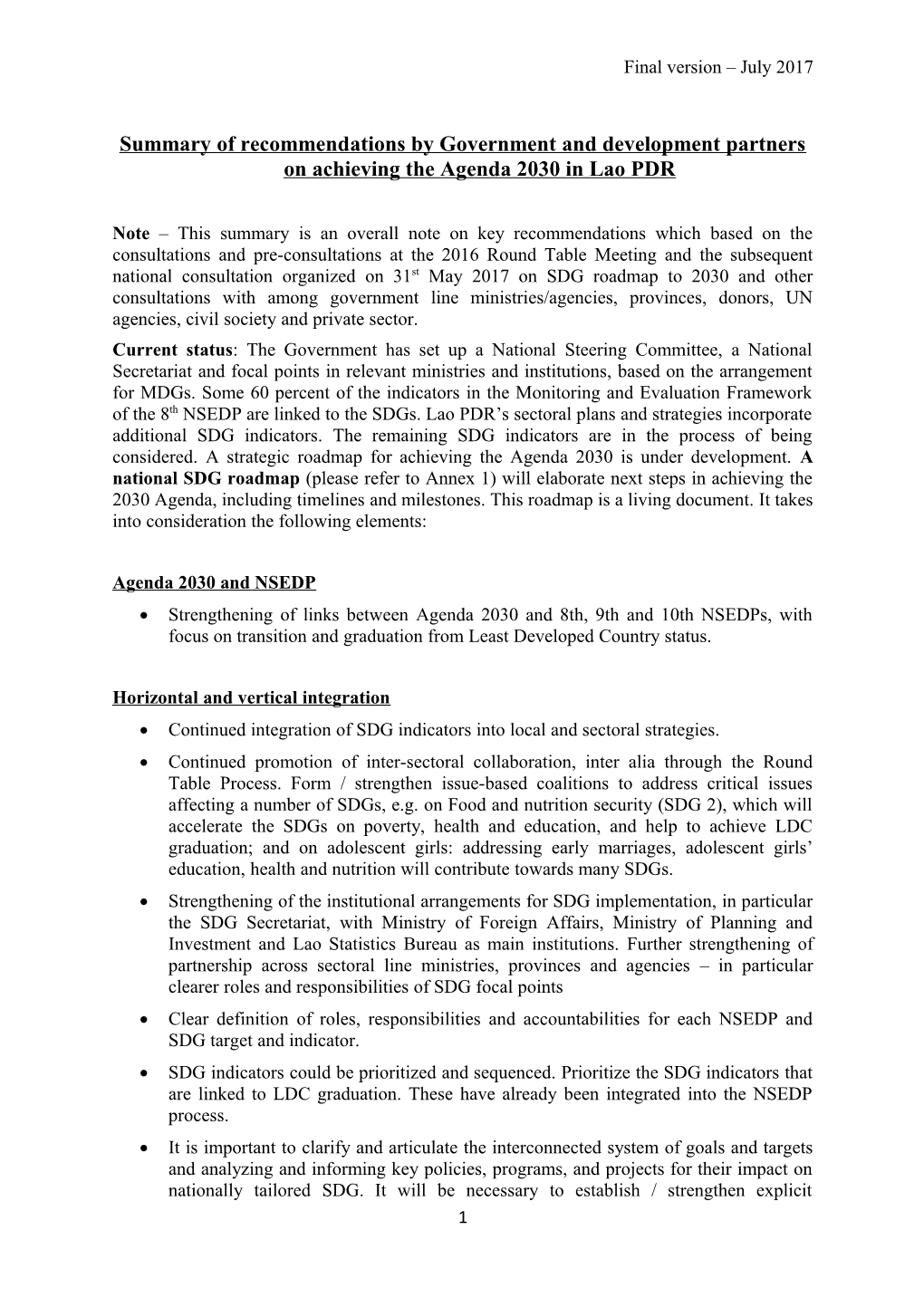 Summary of Recommendationsby Government and Development Partners on Achieving the Agenda