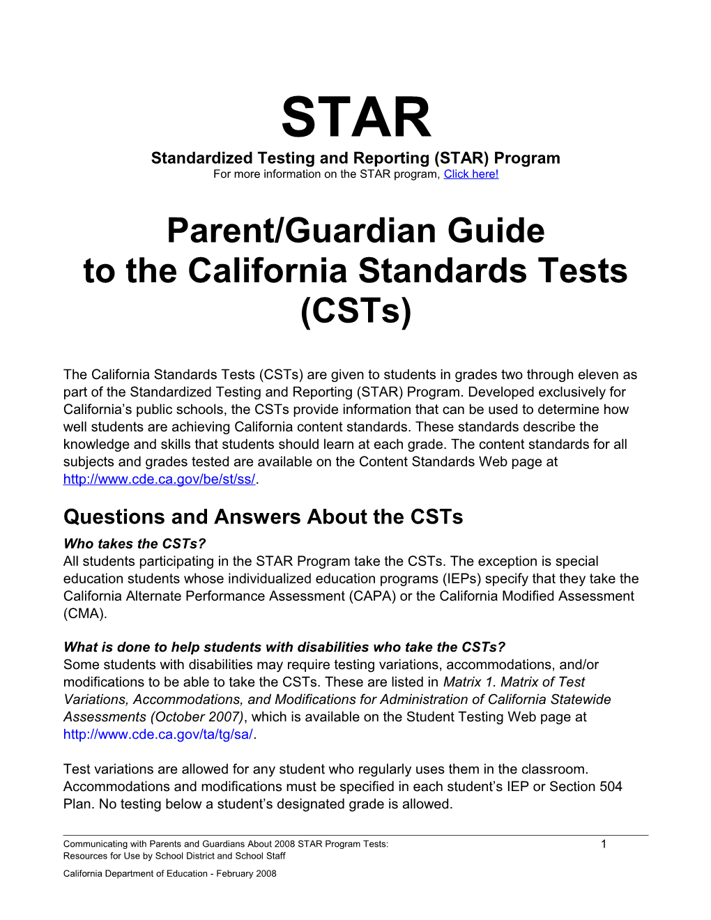 Csts Parent Guide - Stnadardized Testing and Reporting (CA Dept of Education)