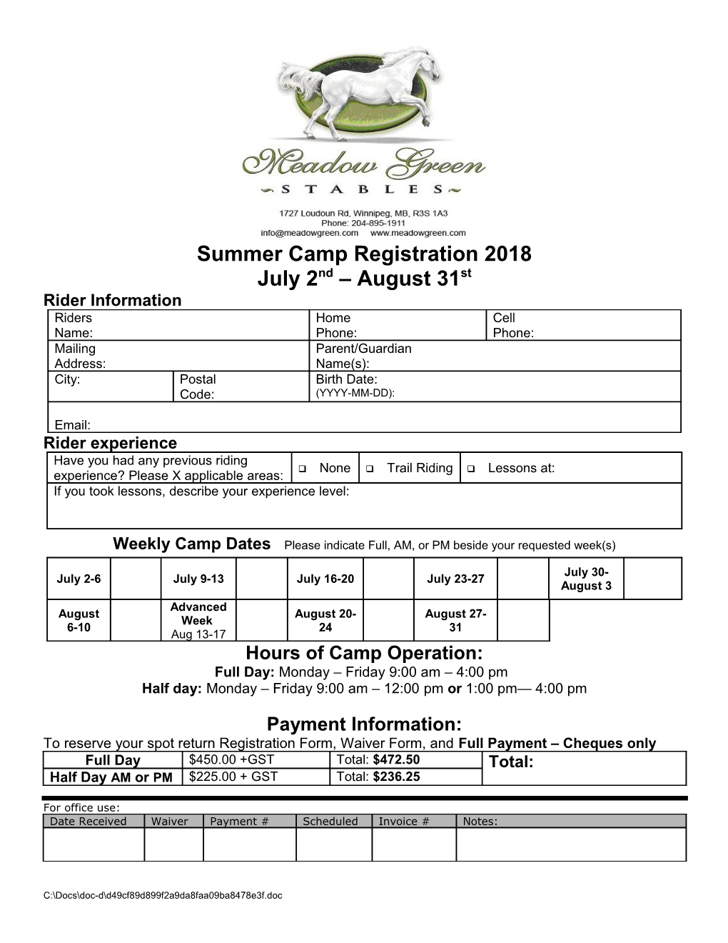 Summer Camp Registration 2018