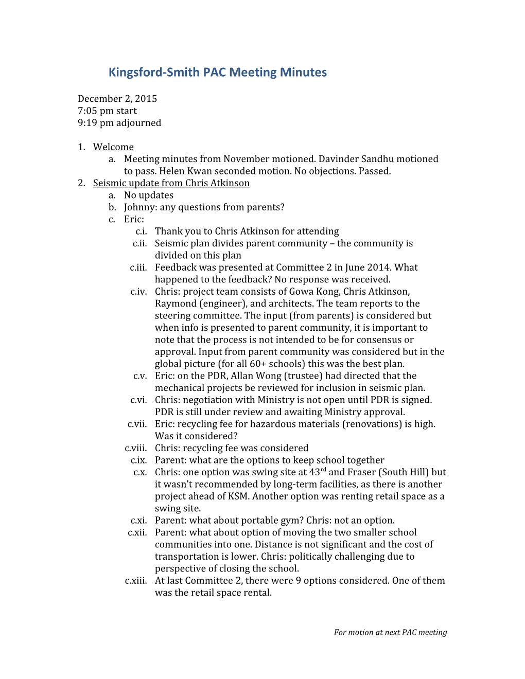 Kingsford-Smith PAC Meeting Minutes