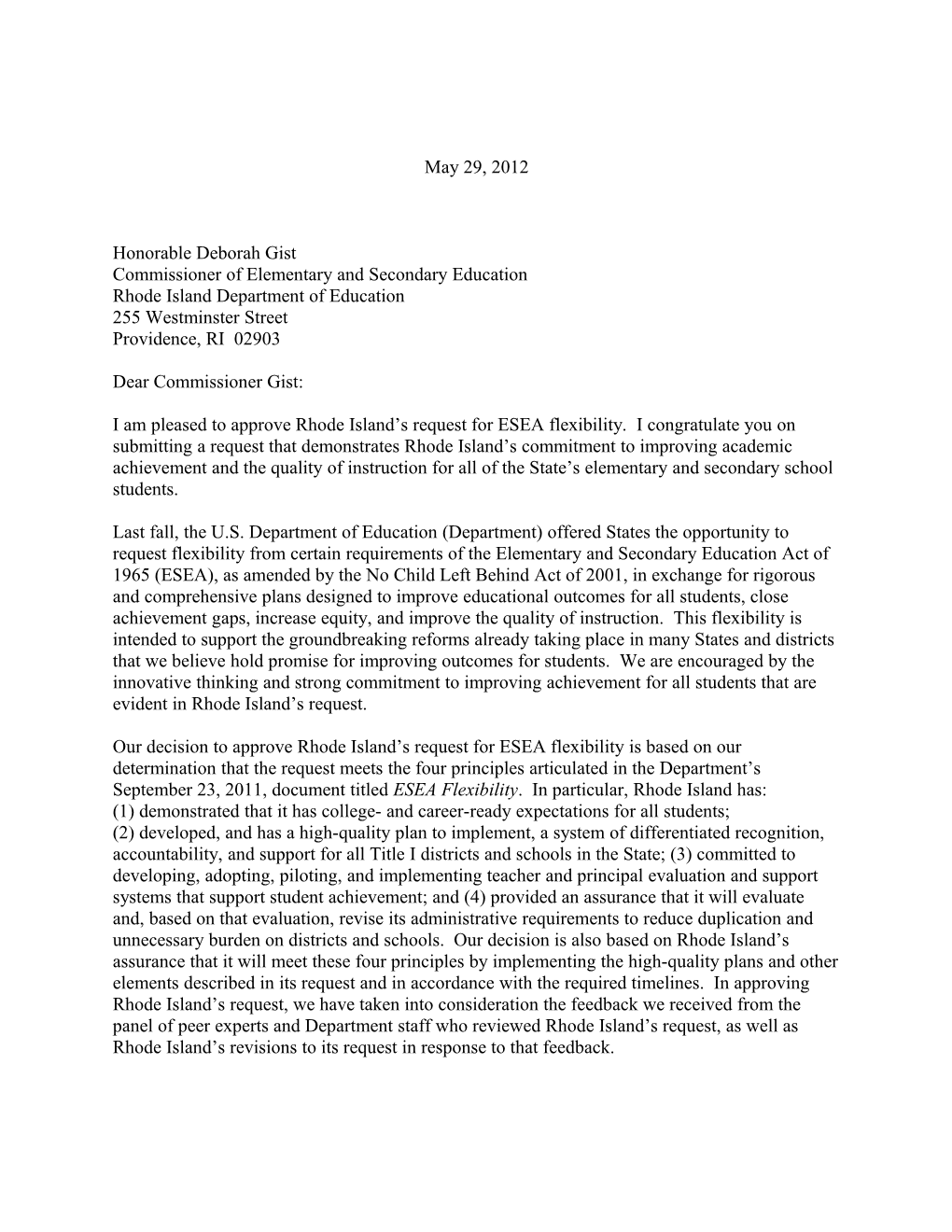 Rhode Island: ESEA Flexibility Requests, Secretary's Approval Letter May 29, 2012 (MS Word)