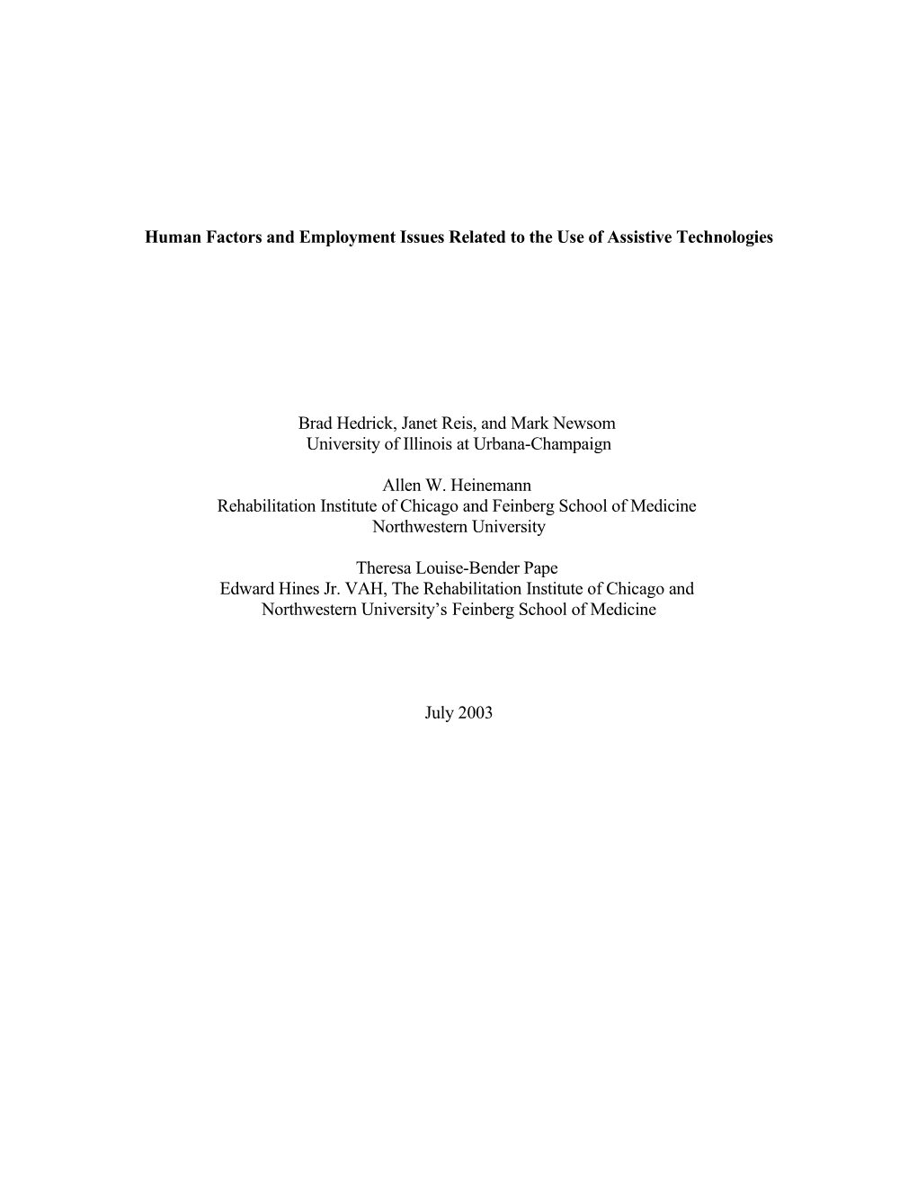 Human Factors and Employment Issues Related to the Use of Assistive Technologies