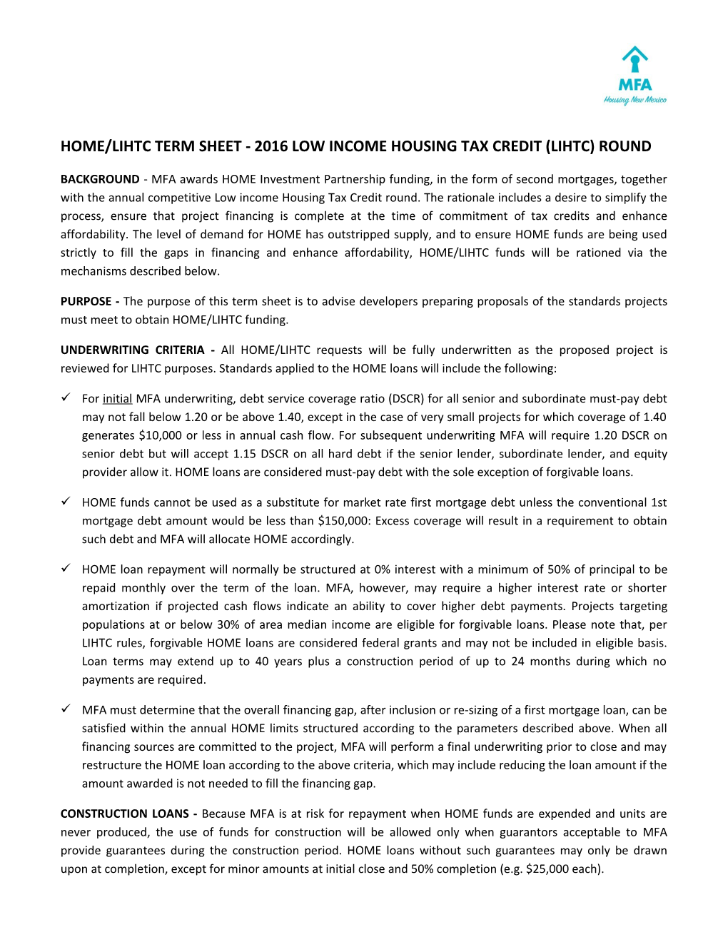 Home/Lihtc Term Sheet - 2016 Low Income Housing Tax Credit (Lihtc) Round