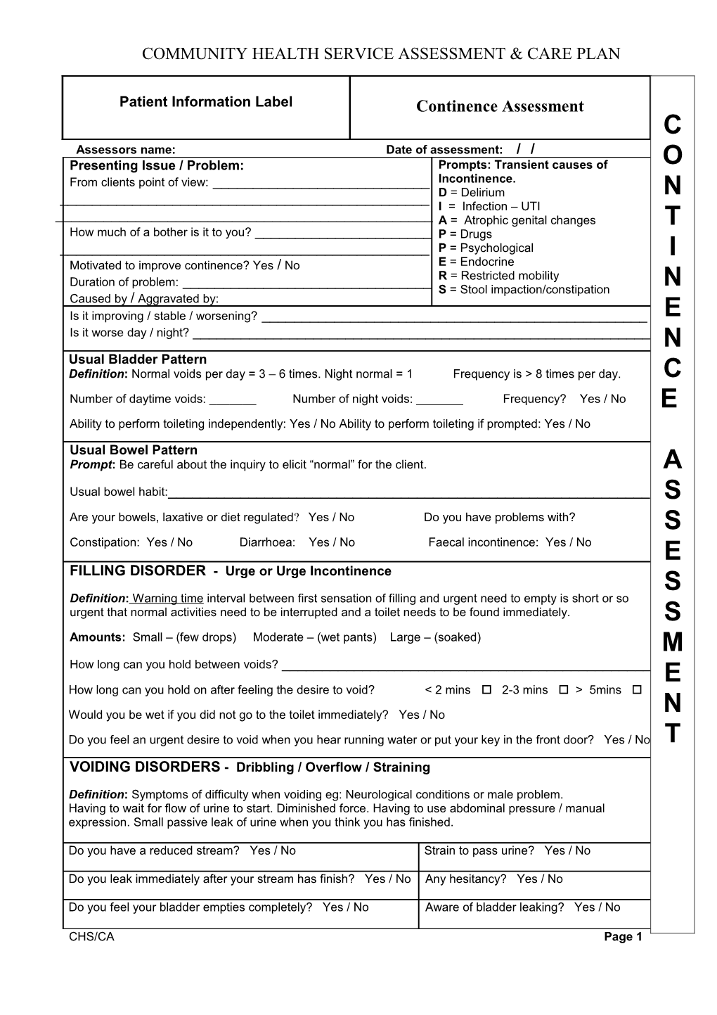 Community Health Service Assessment & Care Plan