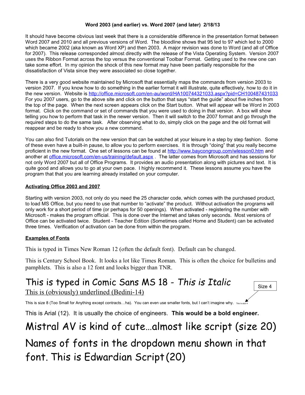 MS Word Handout for 1/19/04