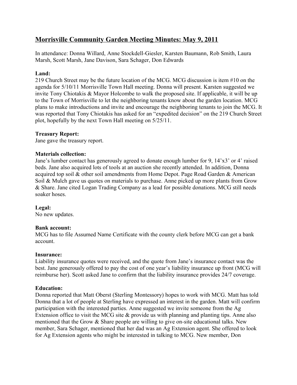 Morrisville Community Garden Meeting Minutes: May 9, 2011