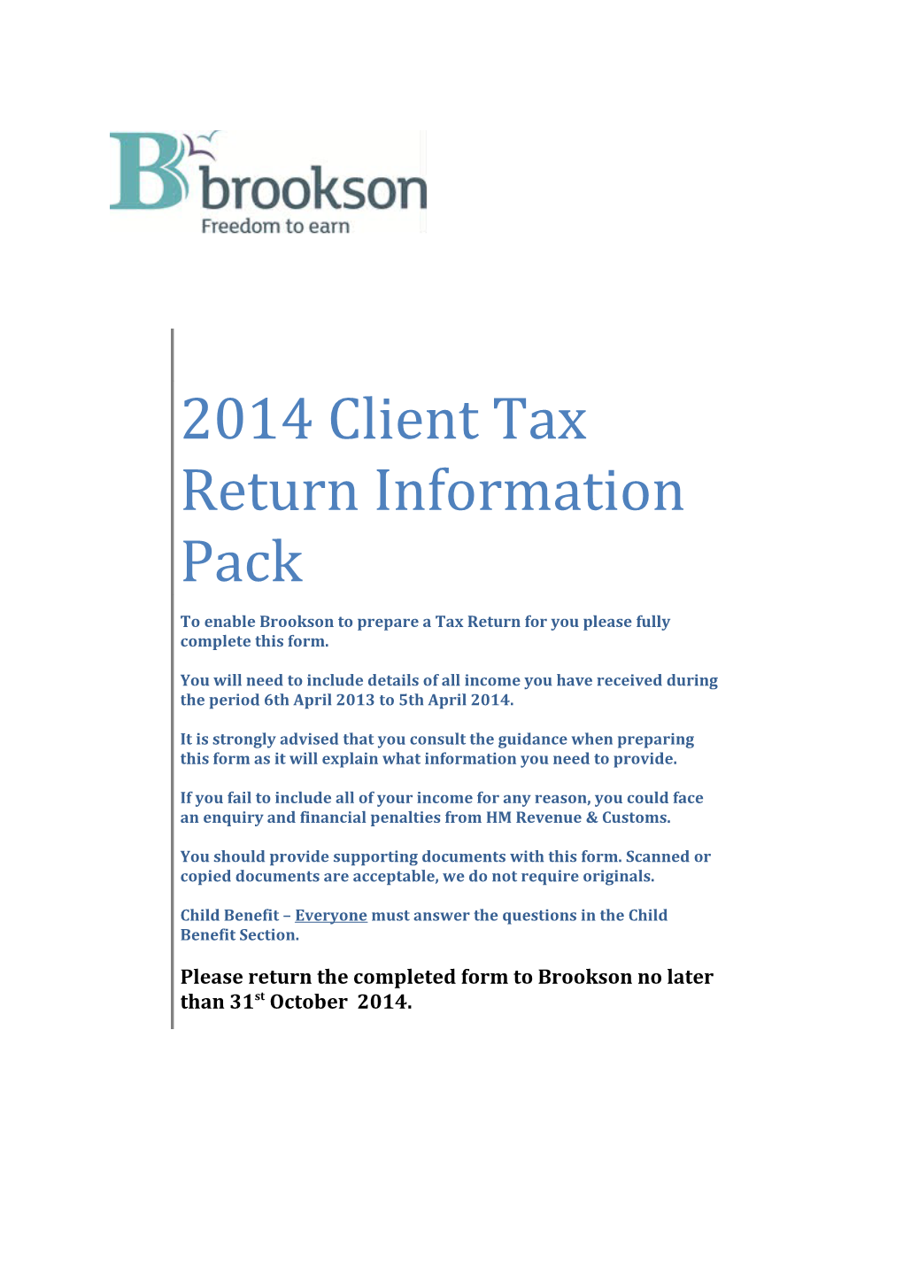 2013 Client Tax Return Information Pack