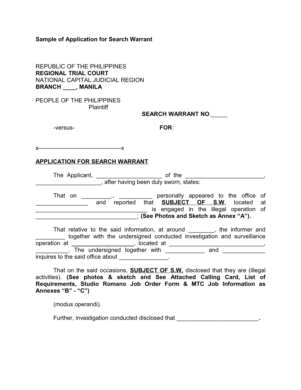 Sample of Application for Search Warrant