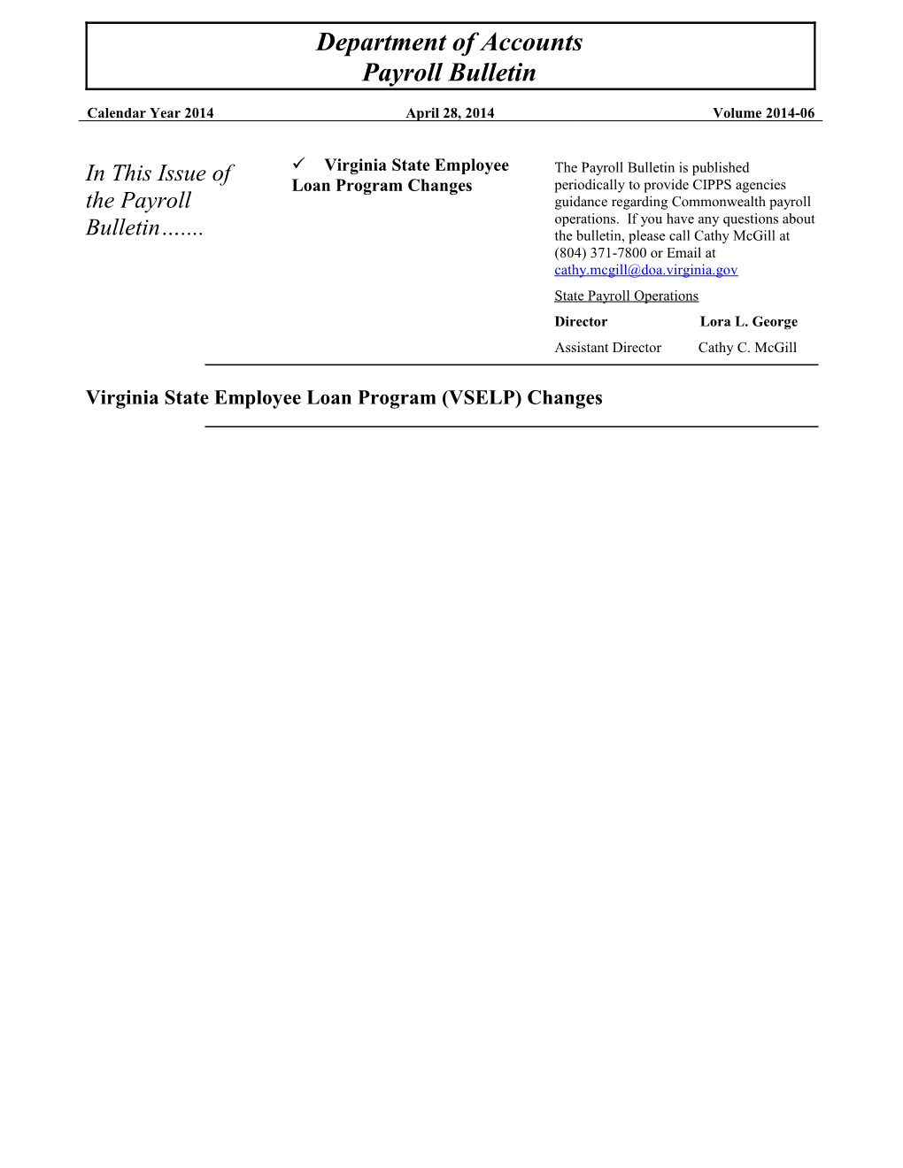 Virginia State Employee Loan Program (VSELP) Changes