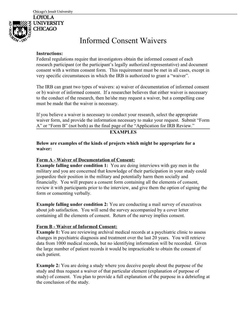 Request for Consent Waiver(S)