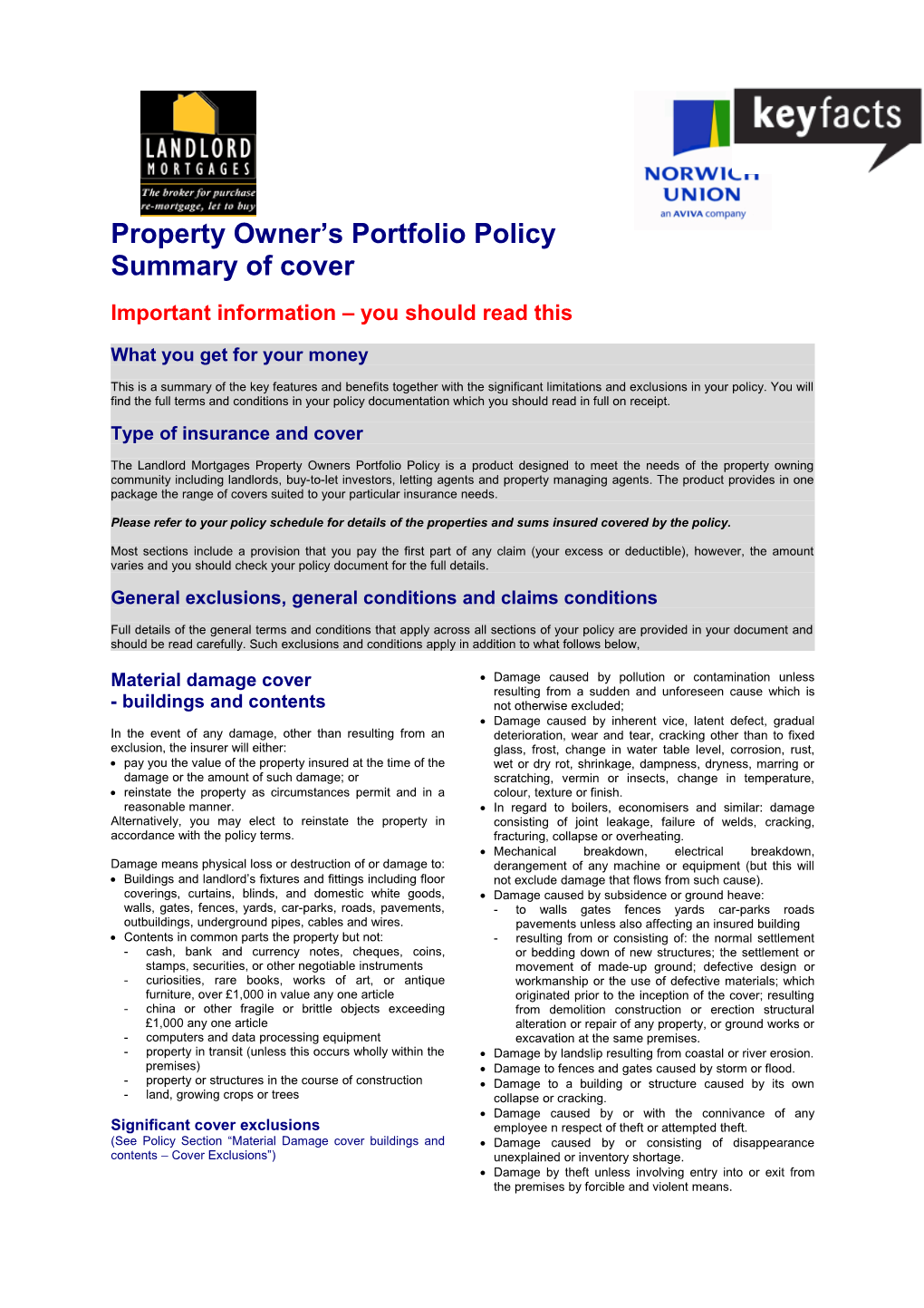 Norwich Union - Property Owners Portfolio Insurance Policy