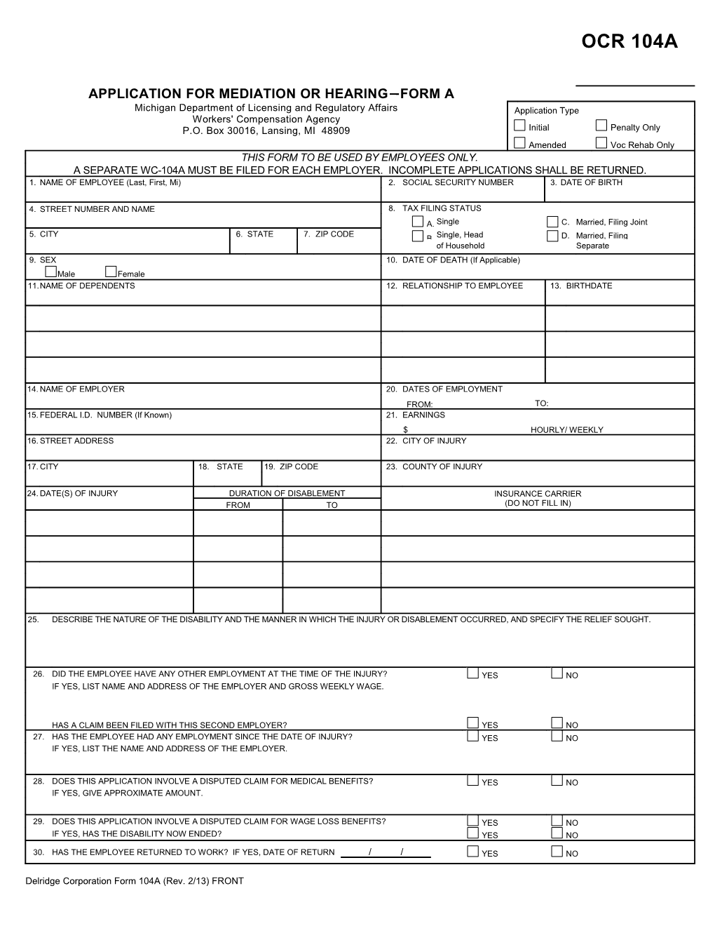 Application for Mediation Or Hearing - Form A