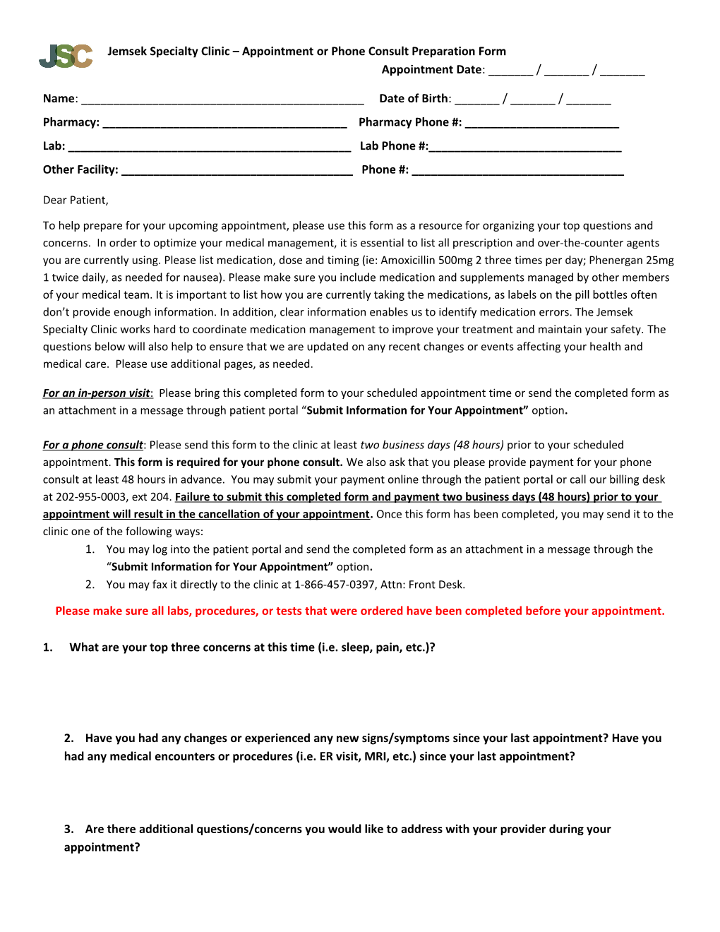 Jemsek Specialty Clinic Appointment Or Phone Consult Preparation Form