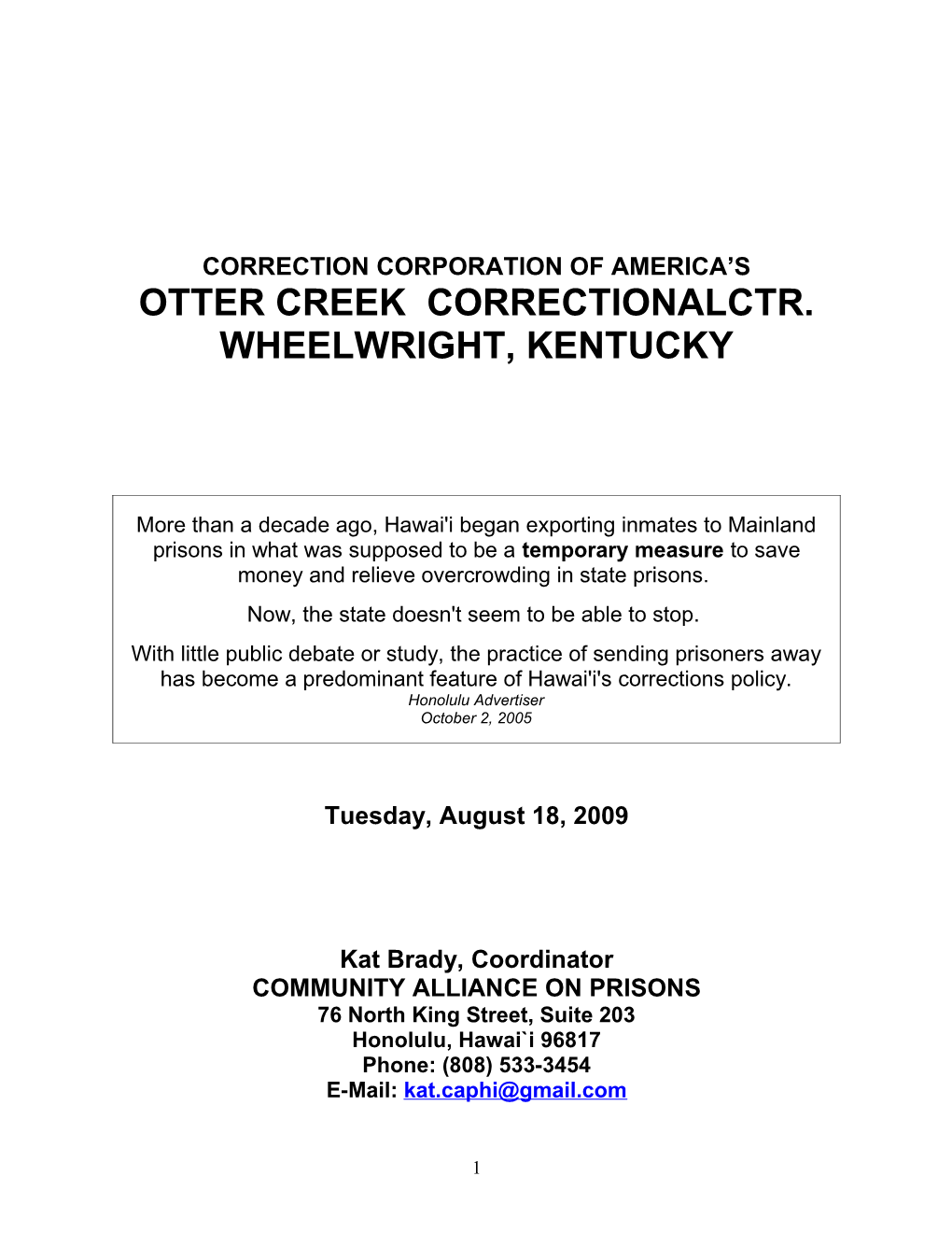 A Presentation on Cca S Otter Creek Correctional Center