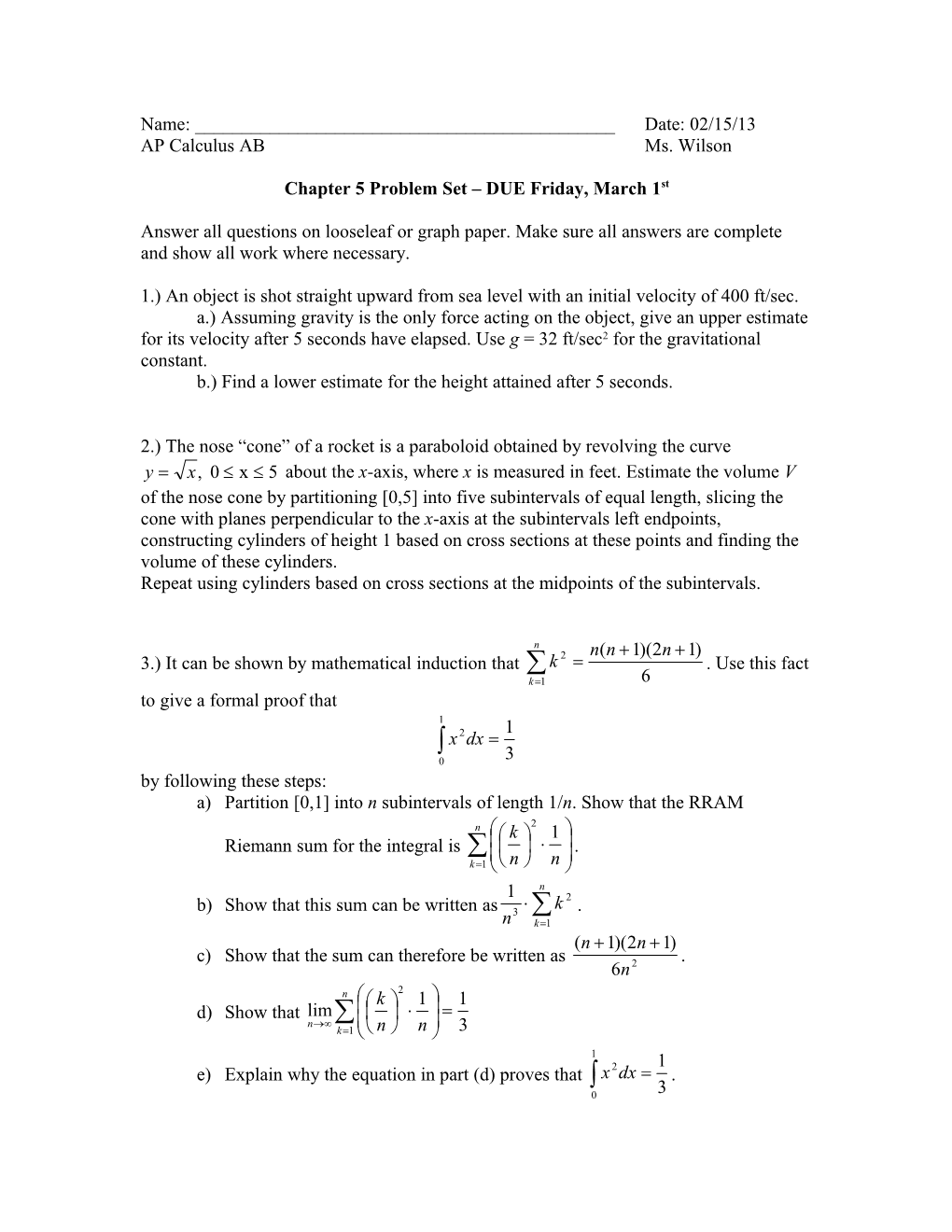 Chapter 5 Problem Set DUE Friday, March 1St