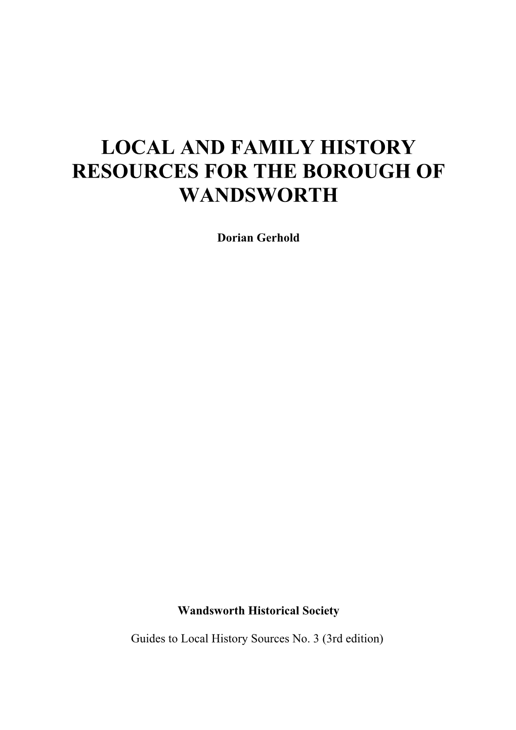 Local and Family History Resources for the Borough of Wandsworth