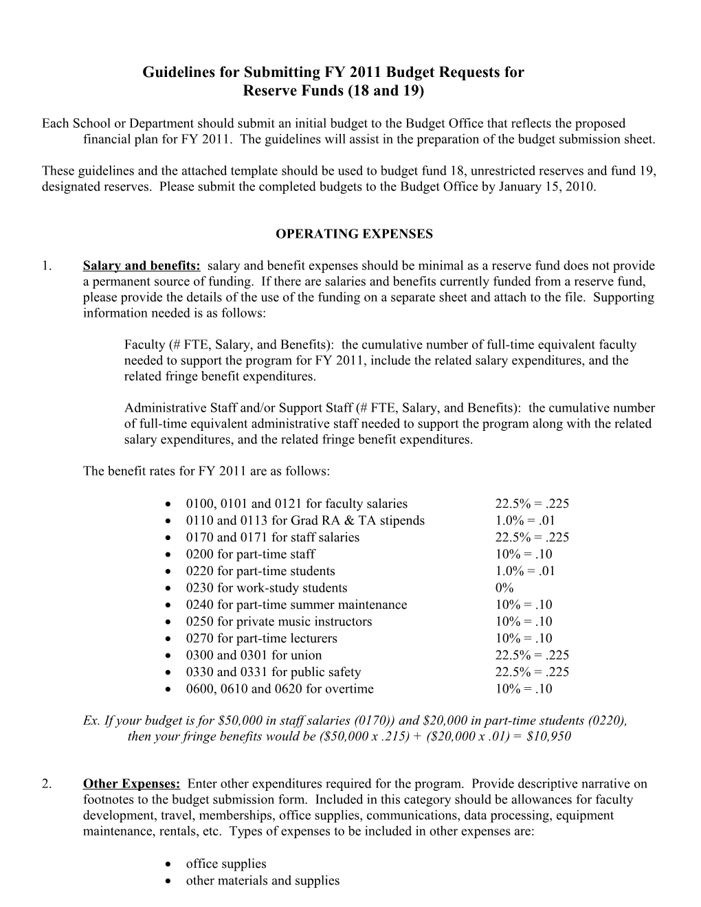 Guidelines for Submitting FY 2011 Budget Requests For