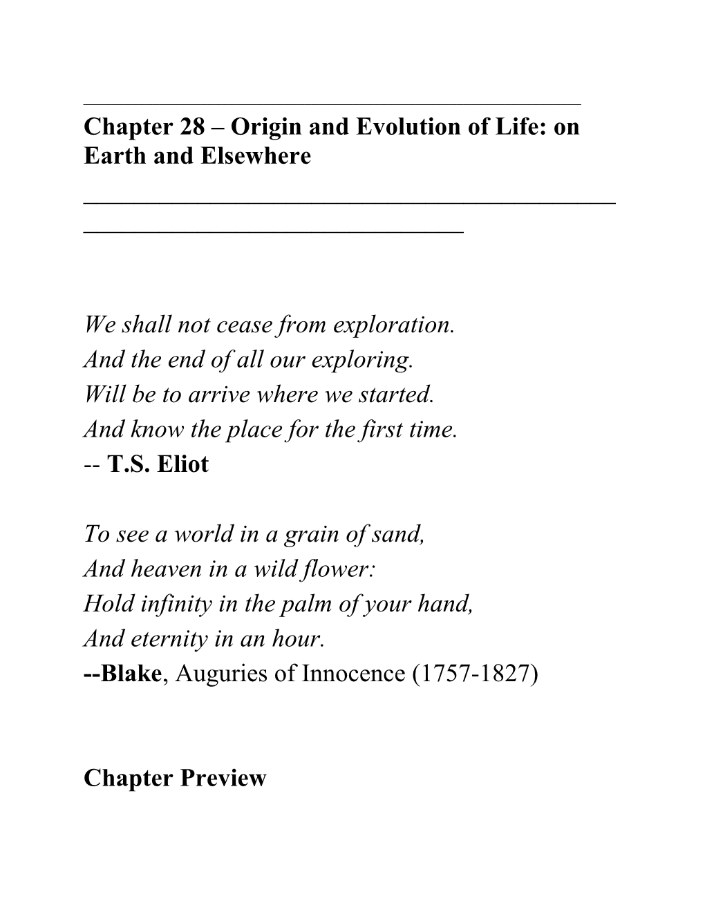 Chapter 28 Origin and Evolution of Life: on Earth and Elsewhere