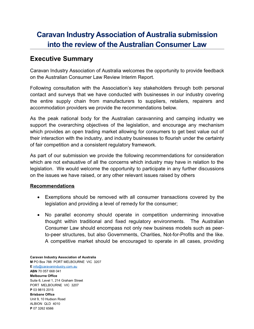 Caravan Industry Association of Australia Ltd - Submission to ACL Review Interim Report