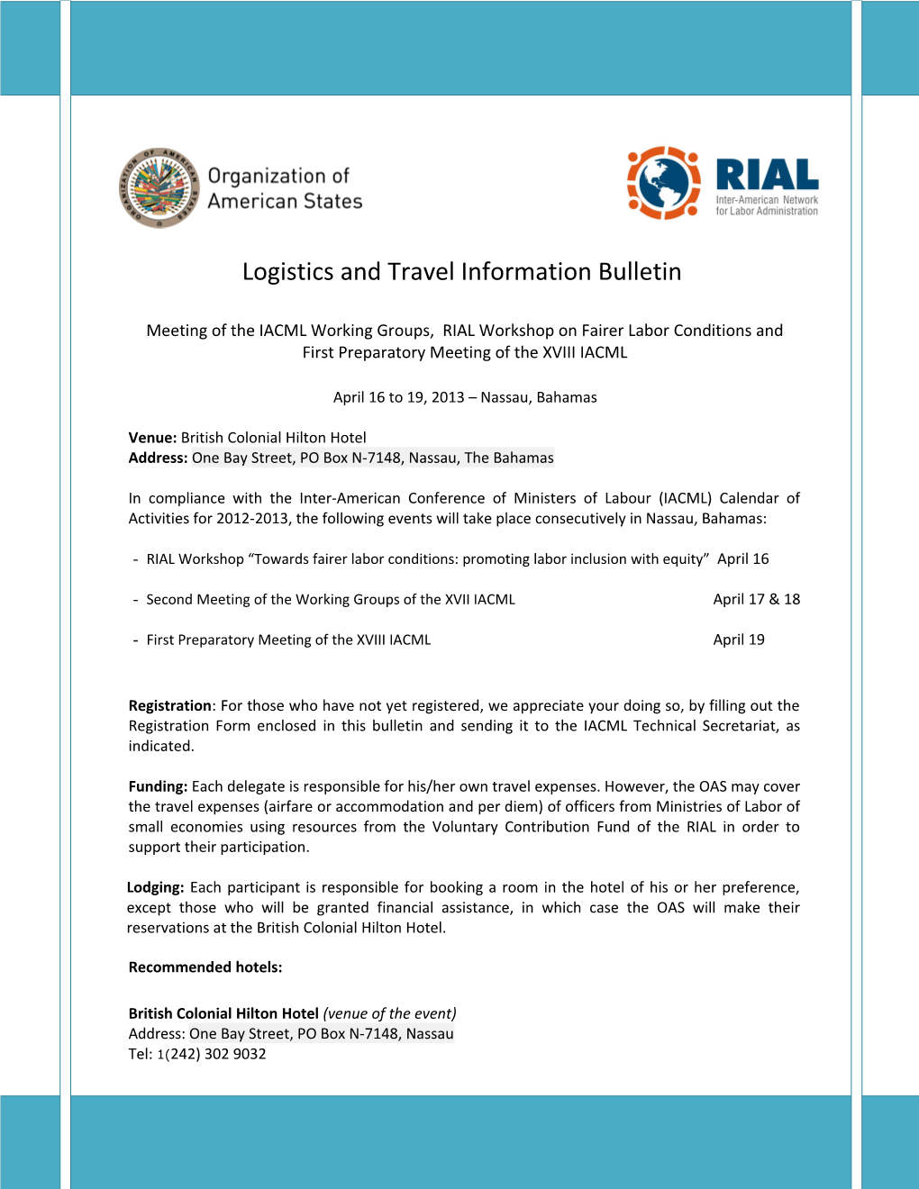 Logistics and Travel Information Bulletin