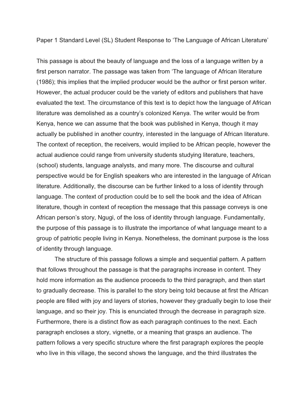 Paper 1 Standard Level (SL) Student Response to the Language of African Literature