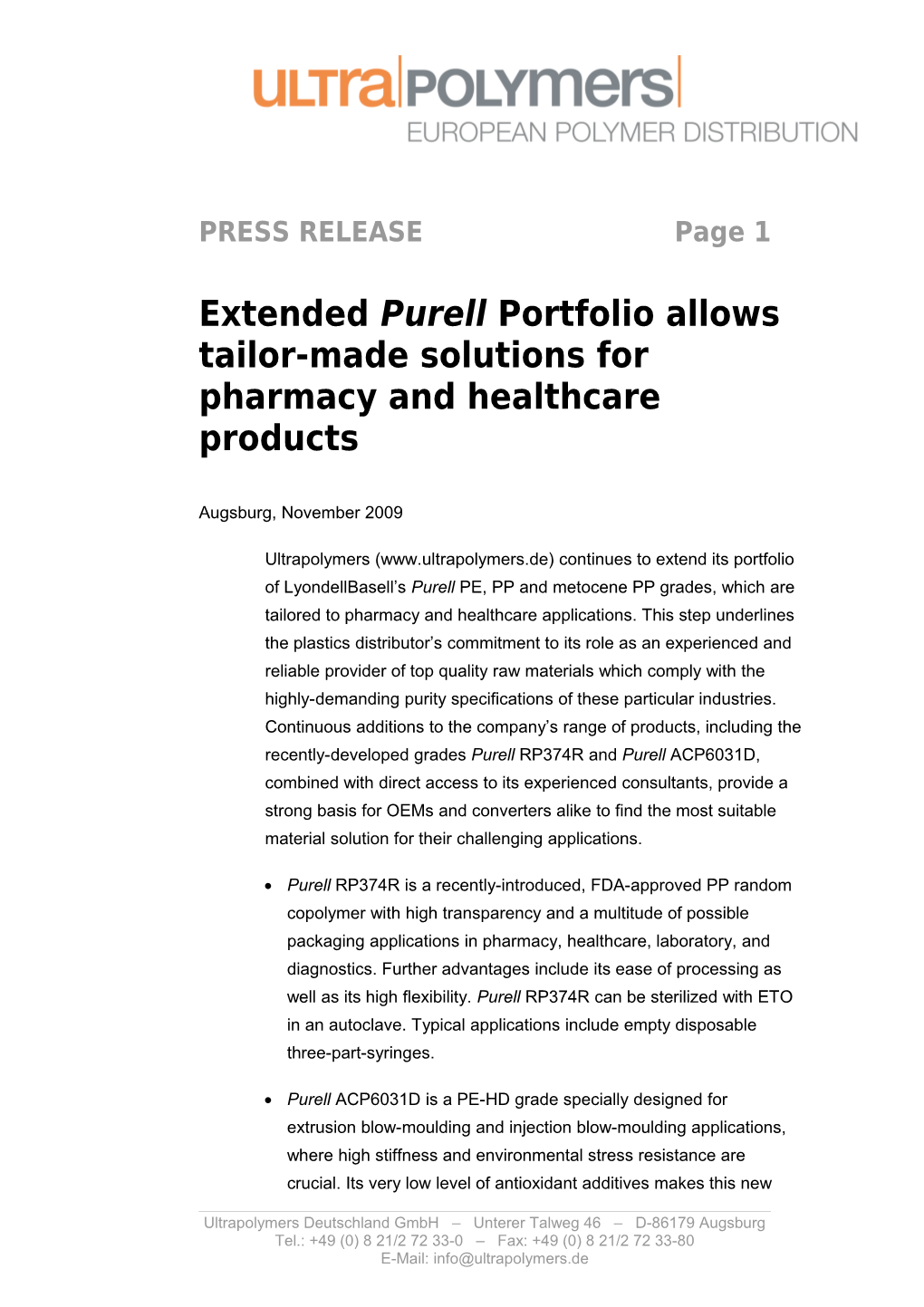 Extendedpurell Portfolio Allows Tailor-Made Solutions for Pharmacy and Healthcare Products